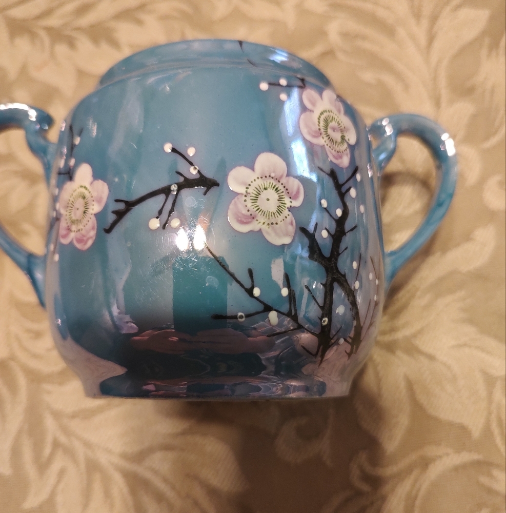 🔹⛩️🔹Gorgeous Antique 1940's Blue Lusterware Cherry Blossom Nippon Sugar Bowl - Picture 6 of 11